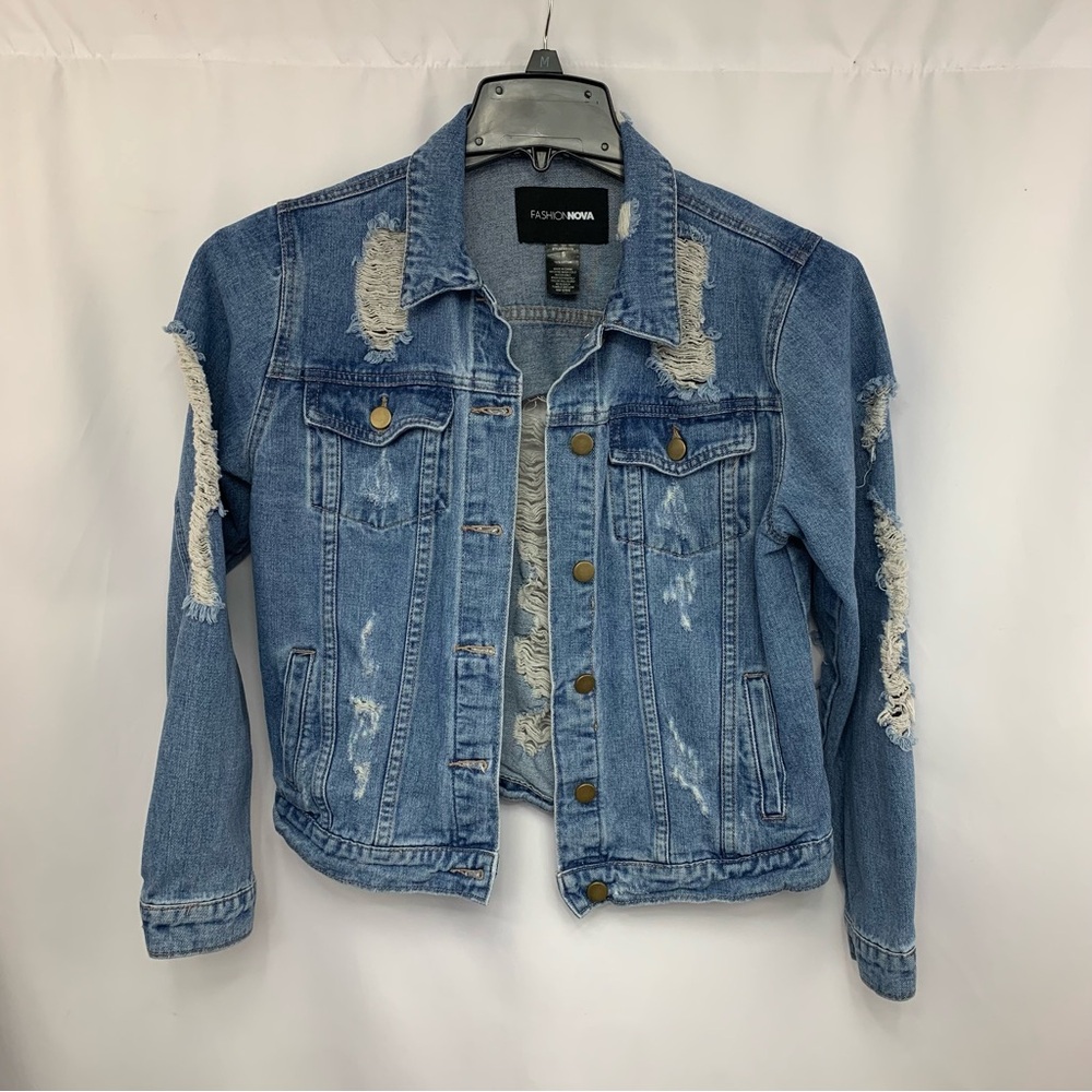 FASHION NOVA 100% Cotton Denim Shredded Jacket Chest /Hip Pockets Button Front S